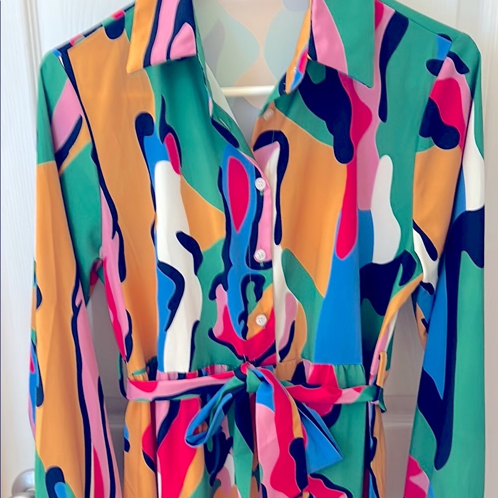Bright Multi Color Geometric Print Dress. Long Sleeve Tie Front